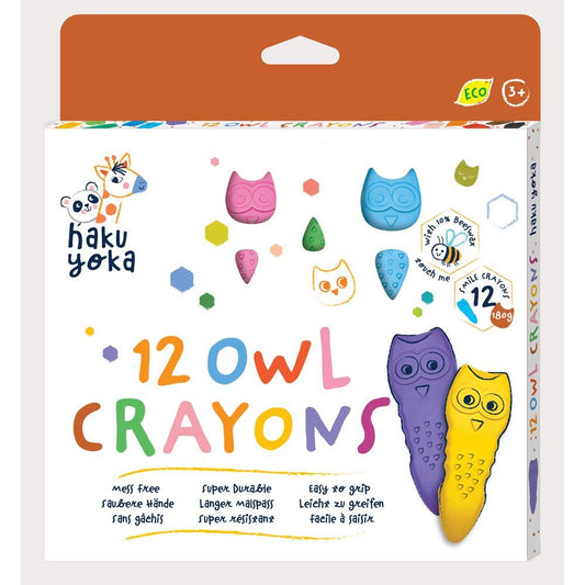 Packaging of 12 owl-shaped crayons with colorful design and haku yoka branding.