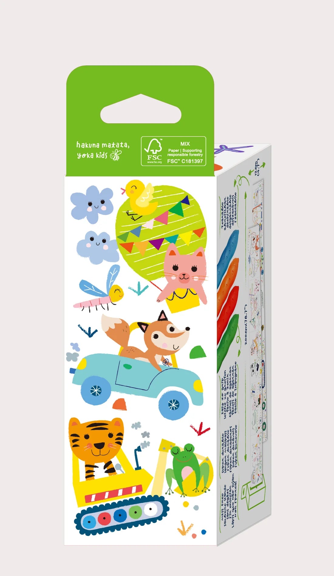 Packaging of children's stickers with cartoon animals and objects on a white background