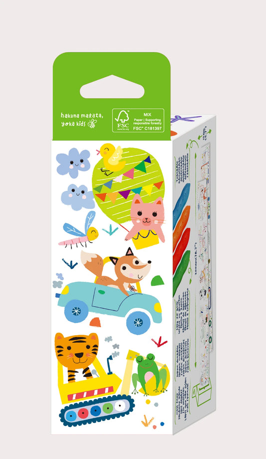Packaging of children's stickers with cartoon animals and objects on a white background