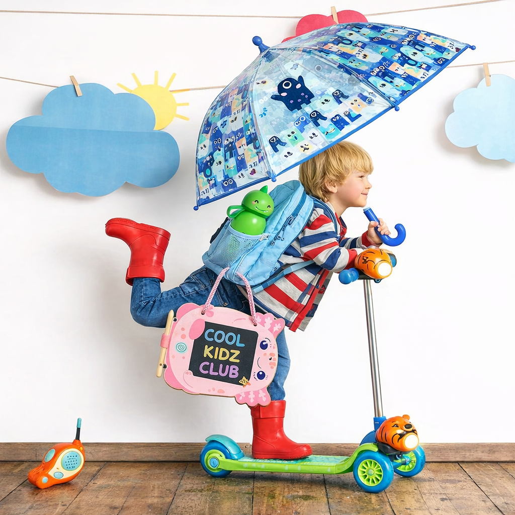 Child with colorful umbrella and scooter in a playroom setting