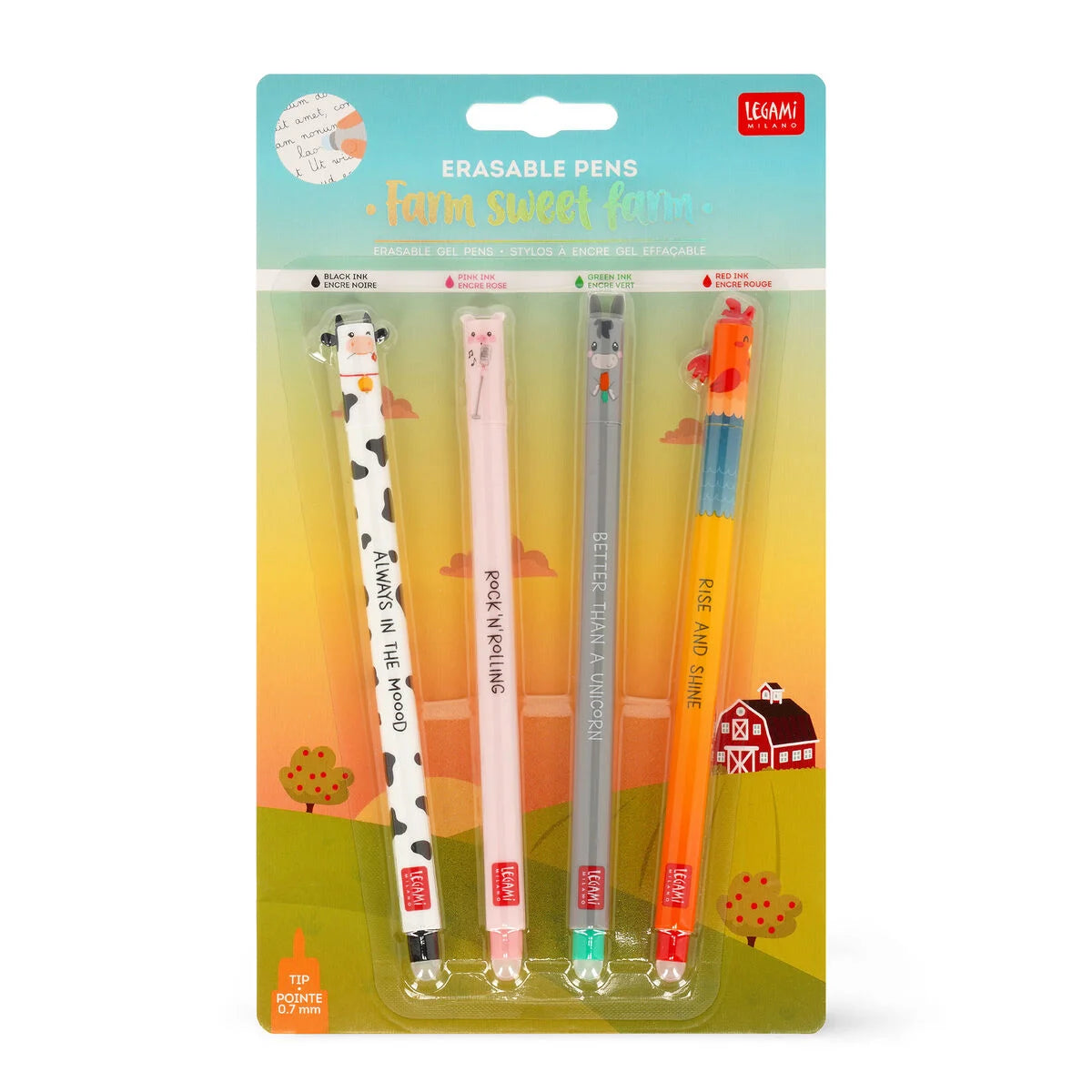 Legami Set of 4 Erasable Gel Pens - Farm Sweet Farm
