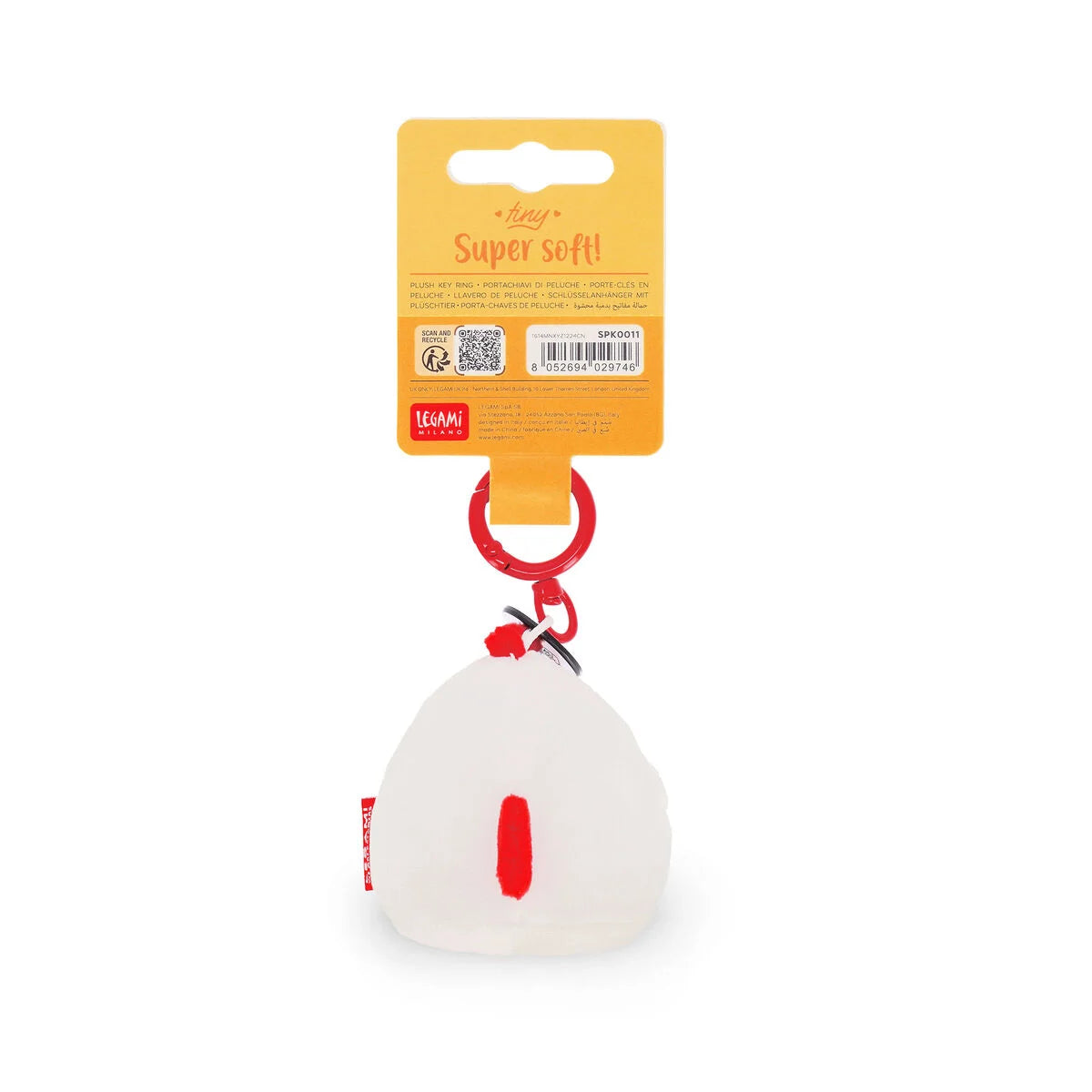 White hen key ring with red accents on a yellow tag against a white background