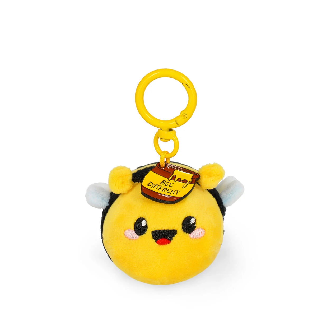 Plush bee keychain with a yellow background