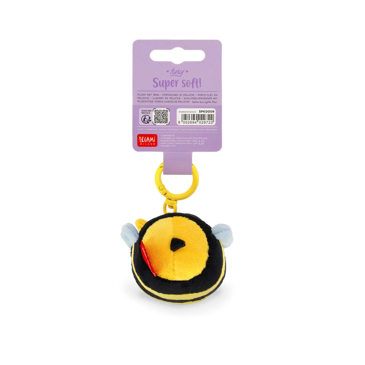 Plush bee keychain with a purple tag on a white background