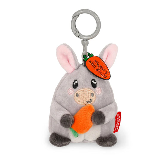 Plush donkey keychain with carrot on a white background