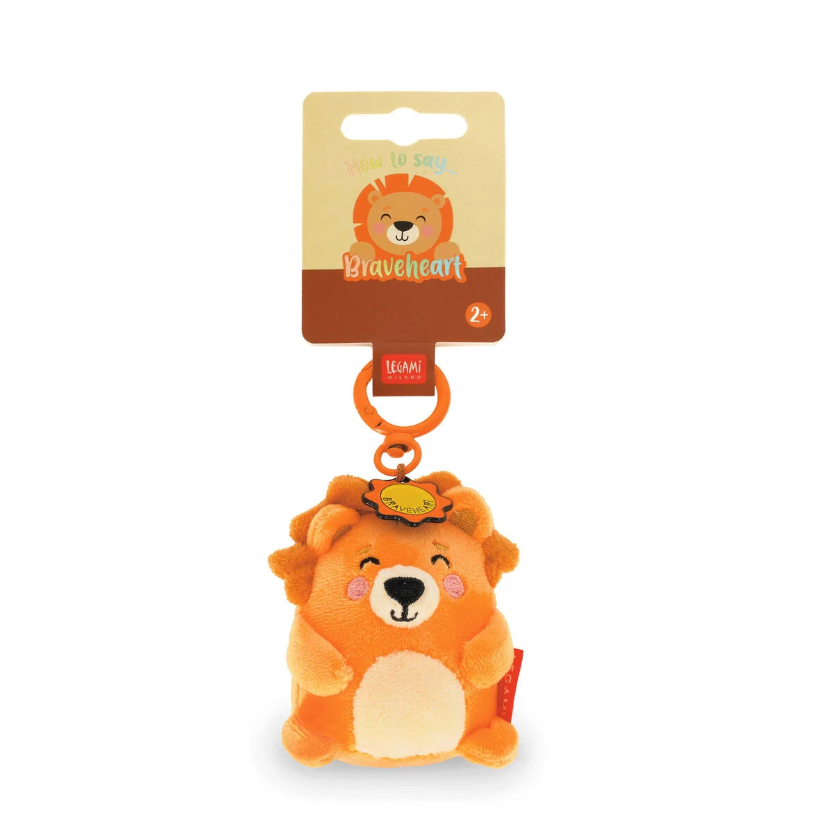 Plush lion key ring with a 'Braveheart' brand tag on a white background