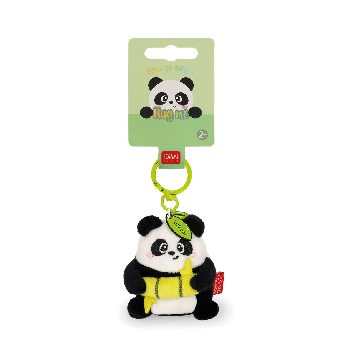 Plush panda keychain with packaging on a white background