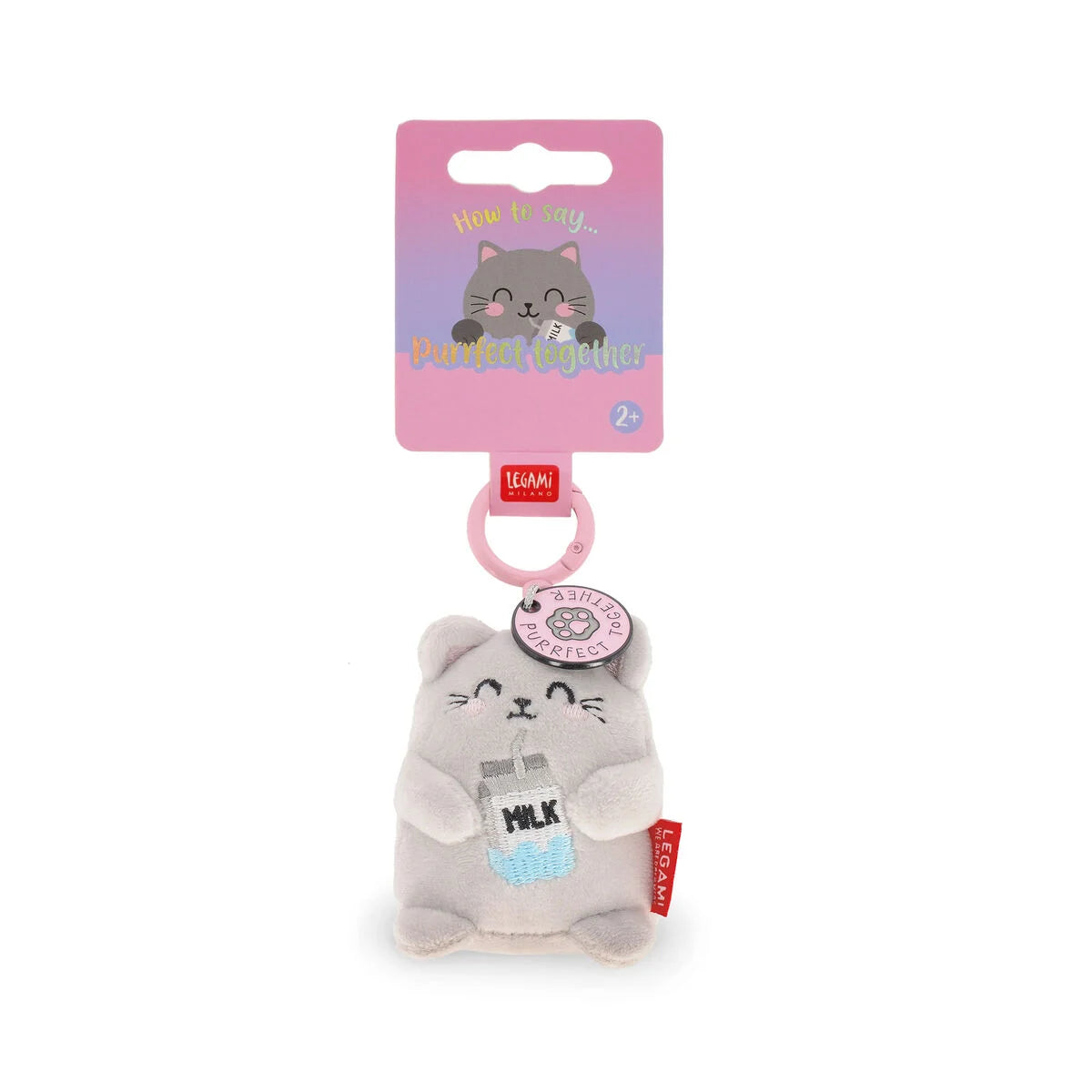 Plush kitty key ring with a pink tag on a white background