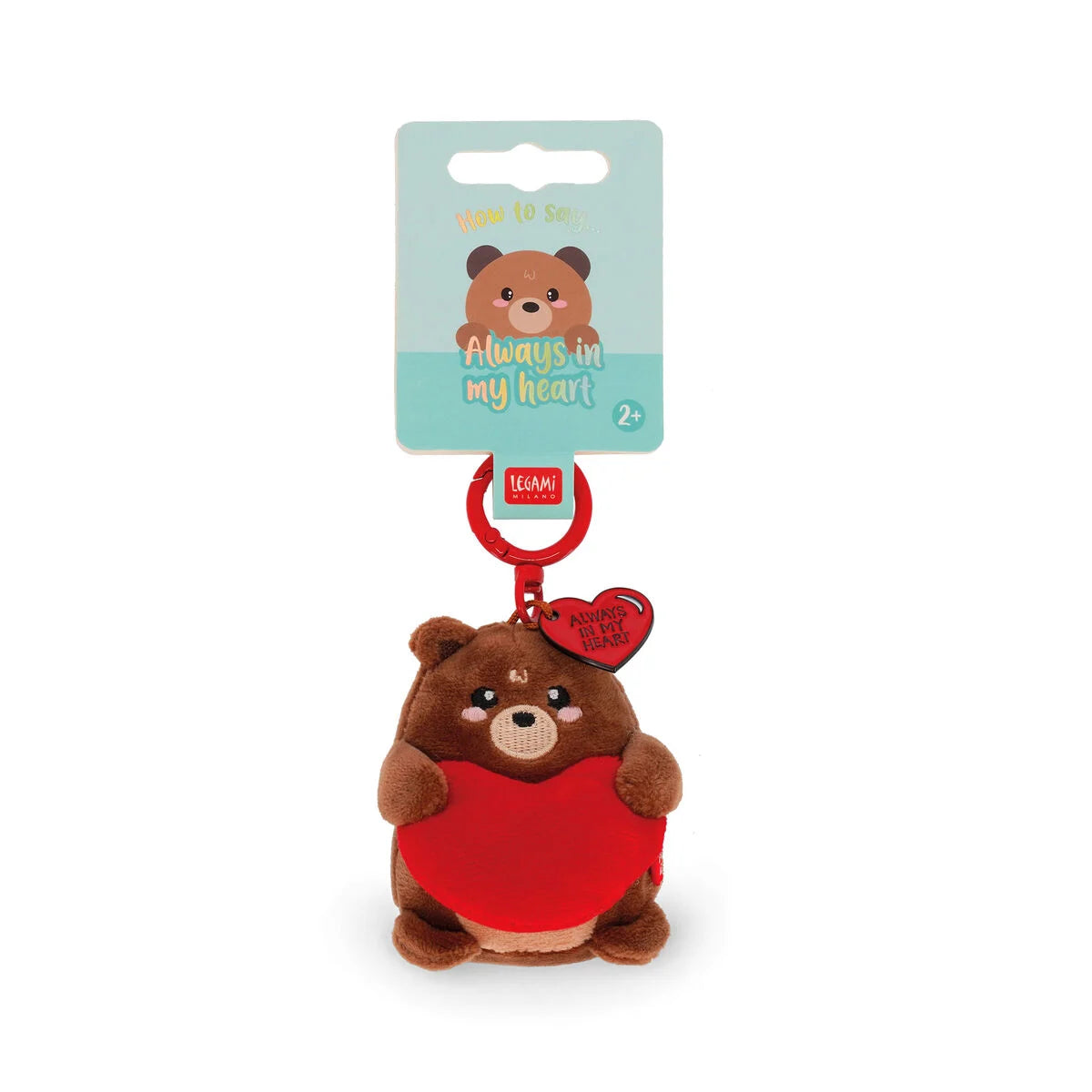 Plush bear key ring with a red heart and keychain on a white background