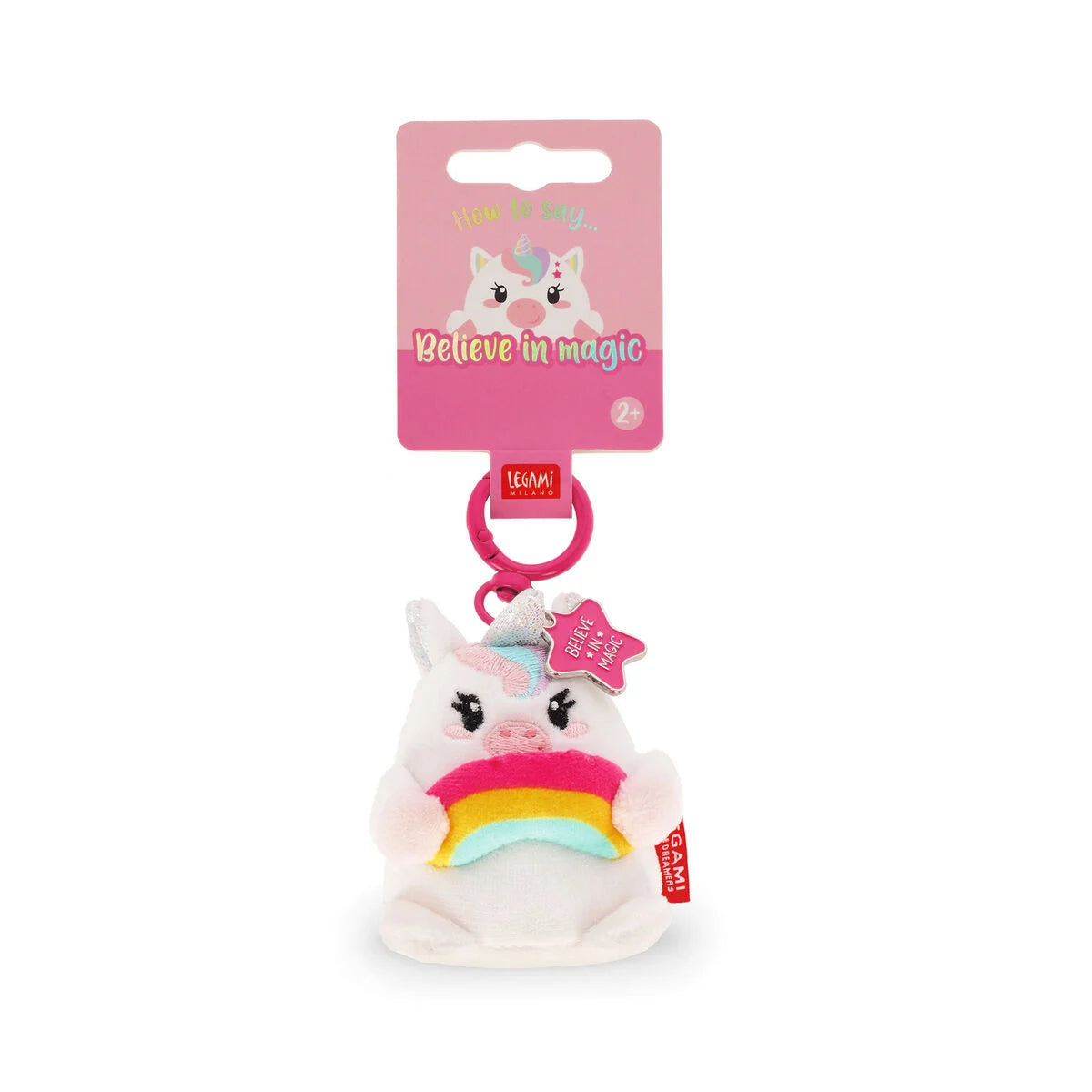 Plush key ring with a pink tag on a white background