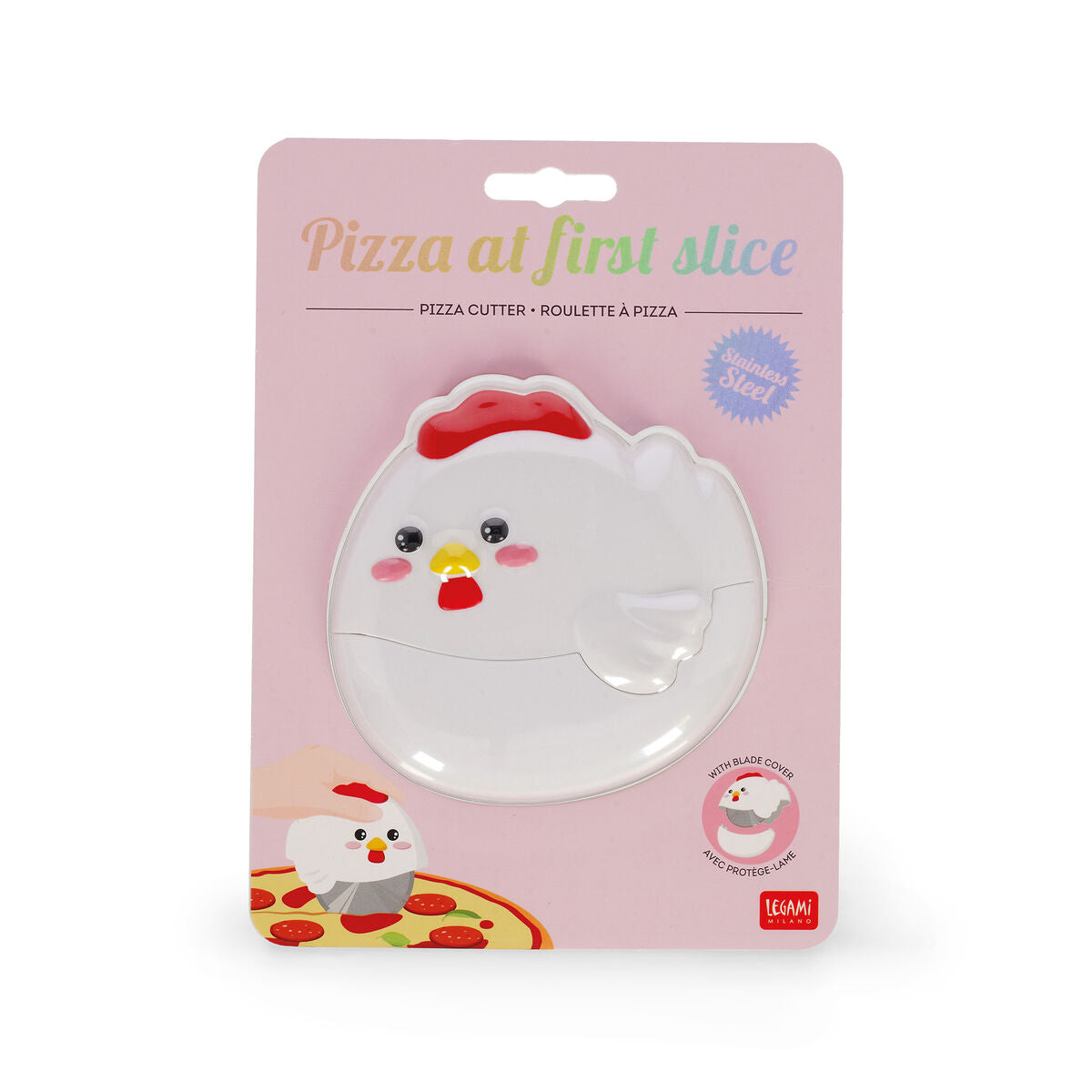 Pizza cutter with chicken design on a pink packaging