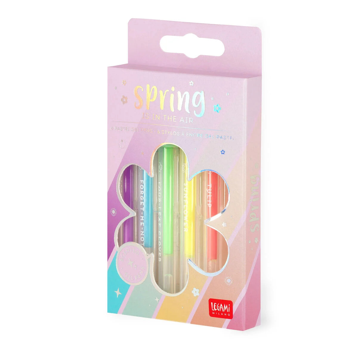 Packaged colorful pens with 'Spring' text on a white background
