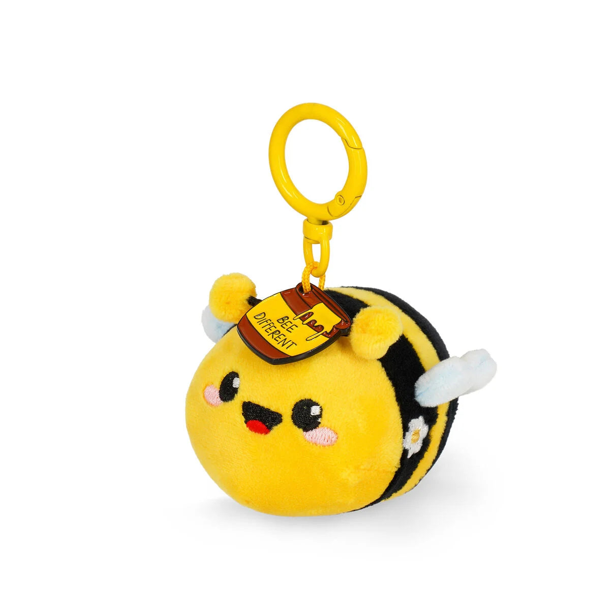 Plush bee keychain with a white background