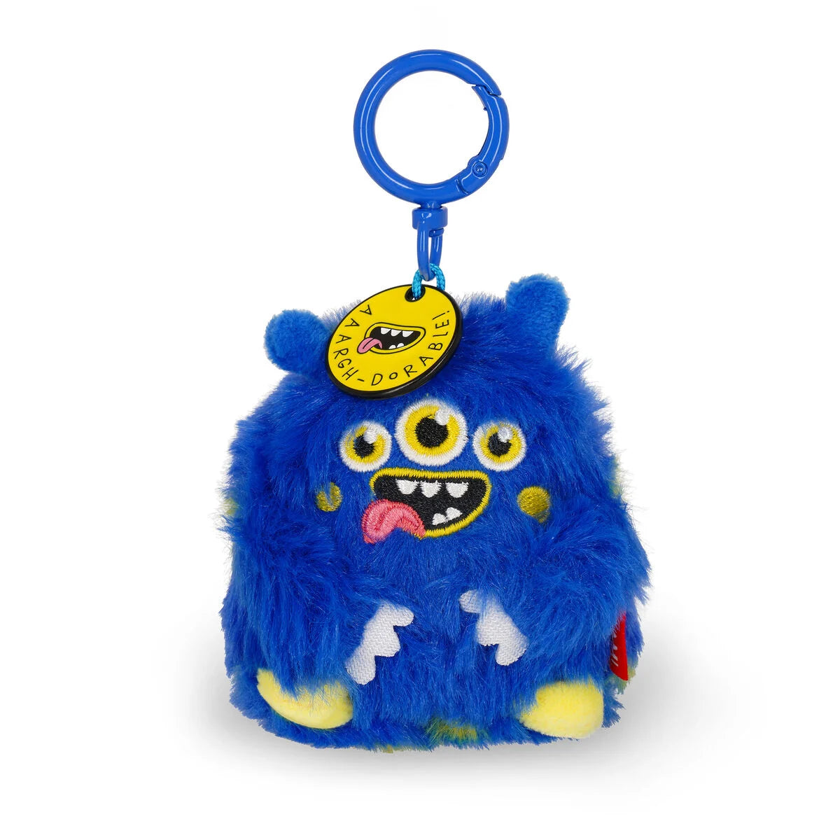 Blue plush monster key ring with a keychain on a white background