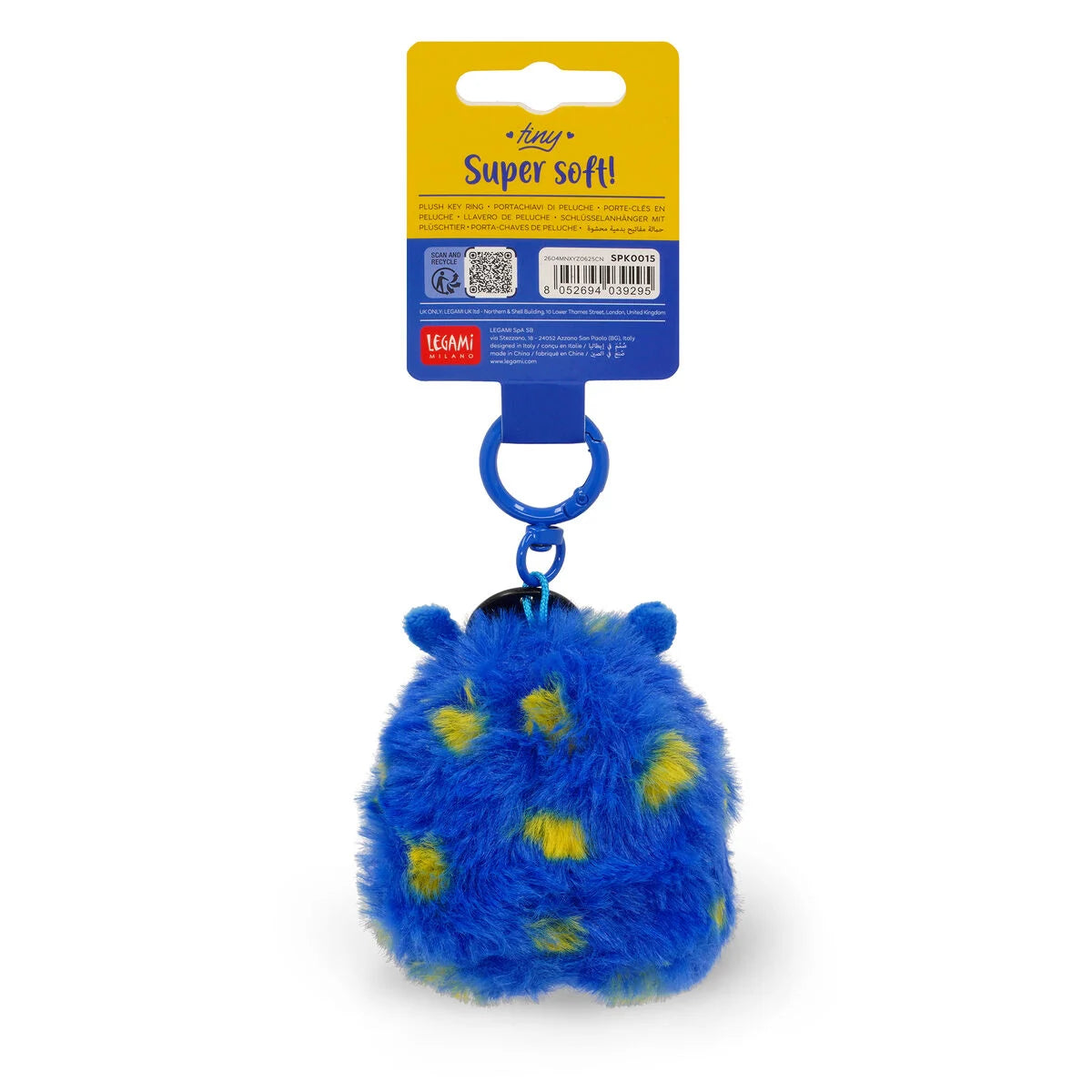 Blue fuzzy keychain with yellow spots on a white background