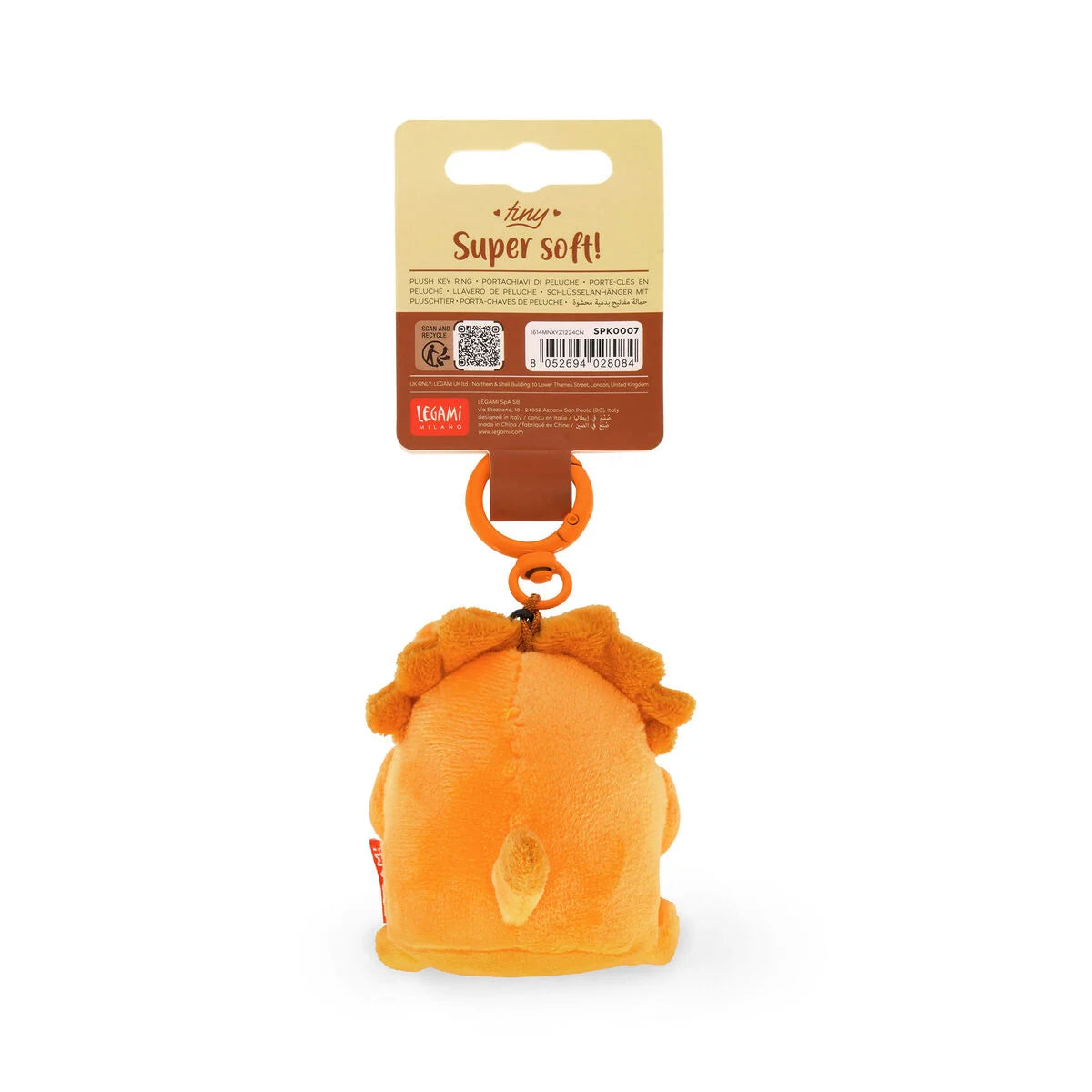 Orange plush lion key ring with a 'Super Soft' label on a white background