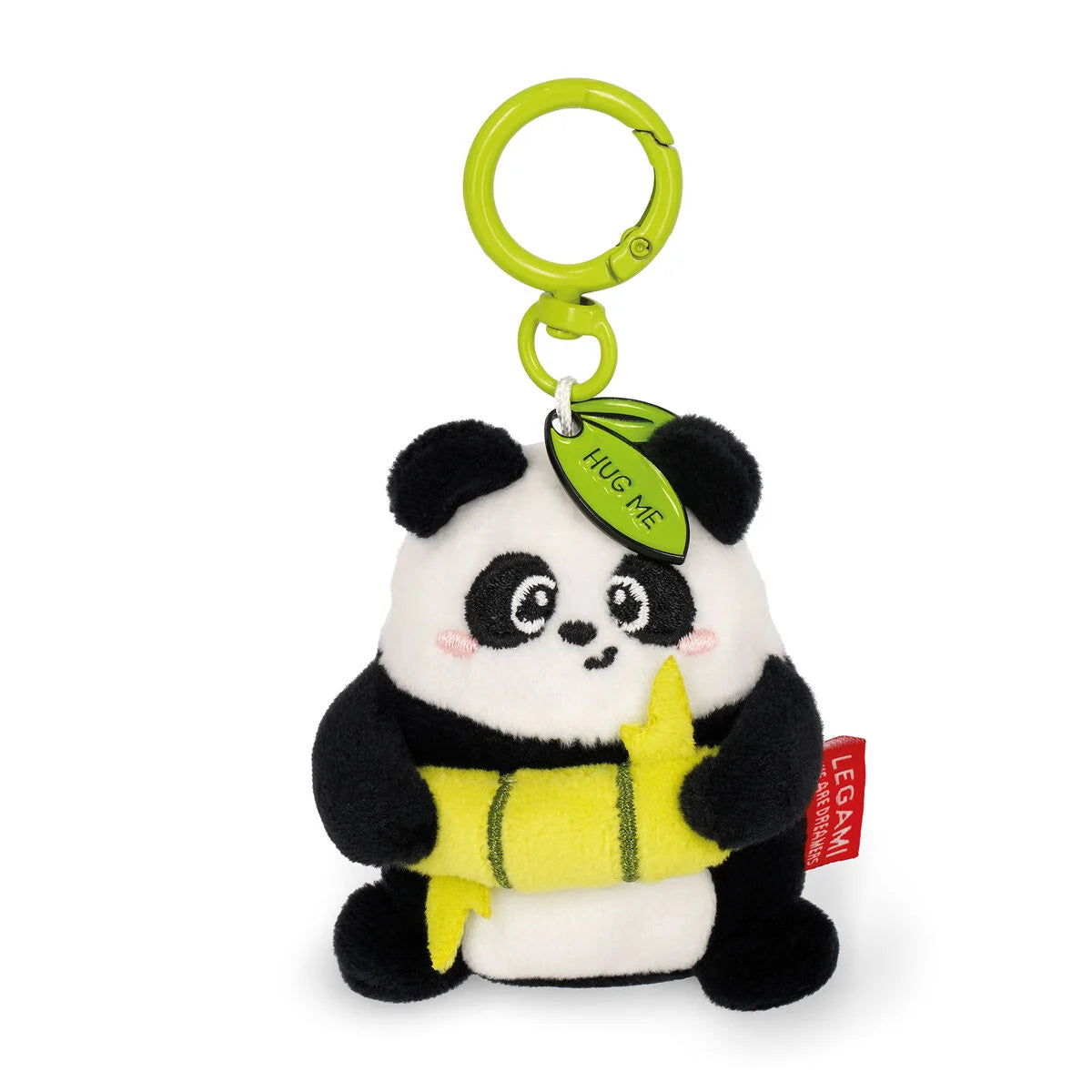 Plush panda keychain with a green tag and yellow leaf on a white background