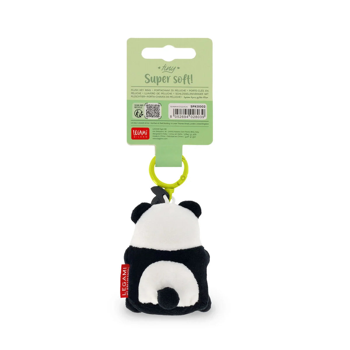 Plush panda key ring  with a green tag on a white background