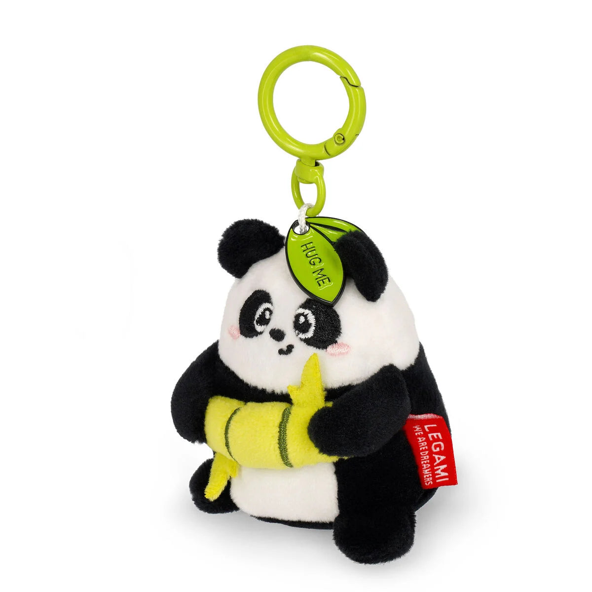 Plush panda keychain with a green tag and red label on a white background
