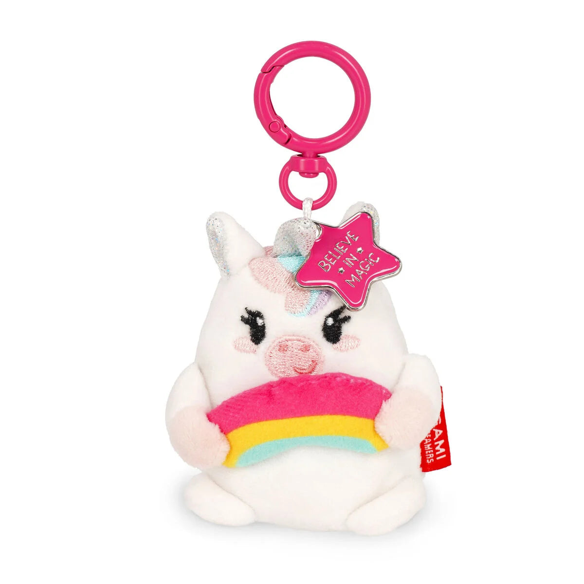 Plush unicorn key ring  with a pink star tag on a white background