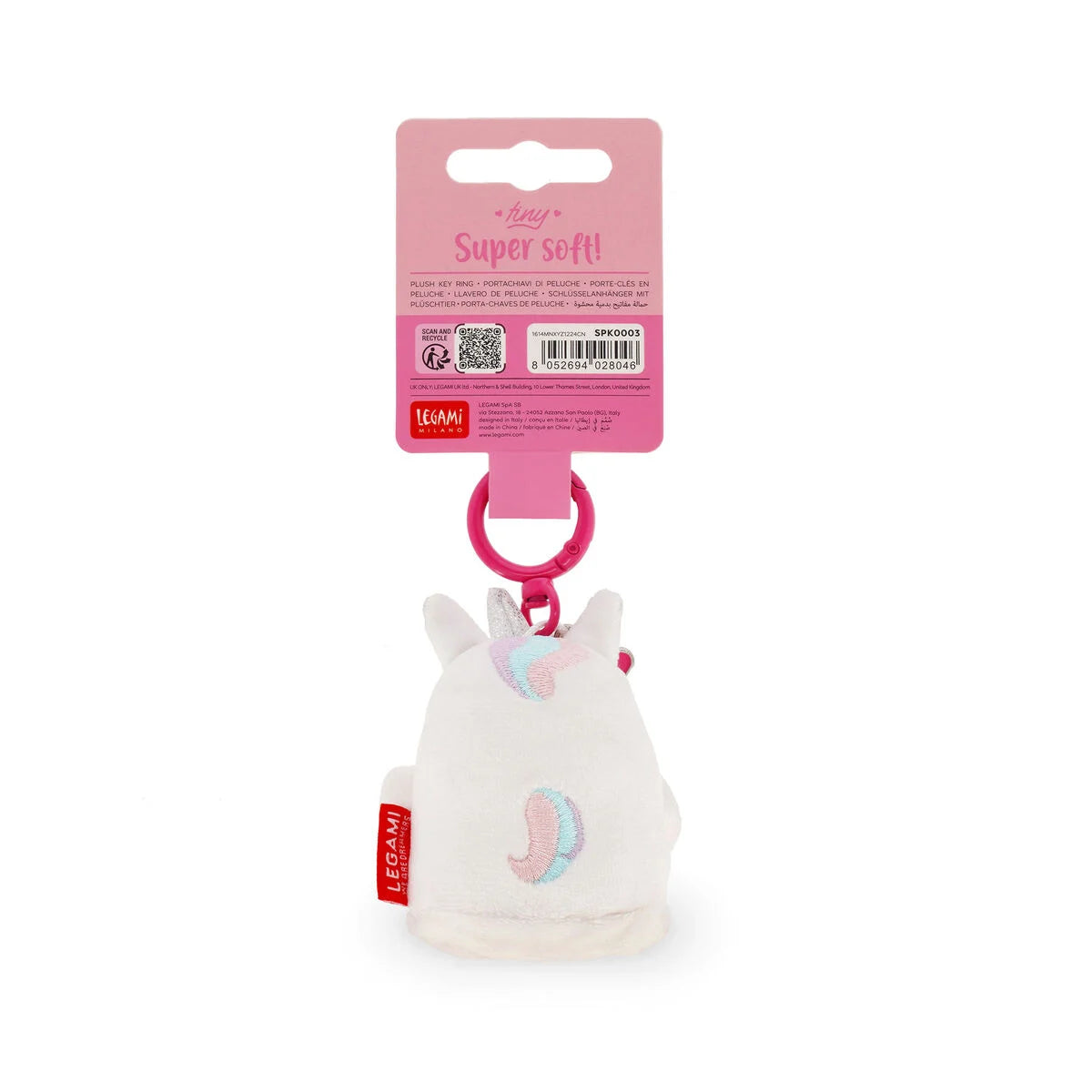 Unicorn-shaped plush key ring with pink keychain and packaging on a white background